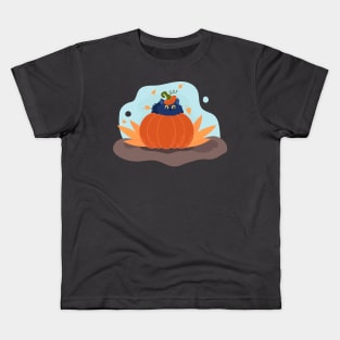 Black cute cat in a Halloween pumpkin. Autumn poster vector illustration Kids T-Shirt